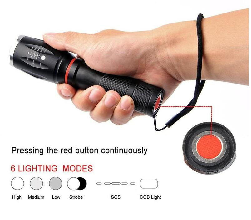 T6 Tactical Flashlight 1000 Lumens Zoom able IPX6 Waterproof Handheld Flashlight With Hidden COB Lighting