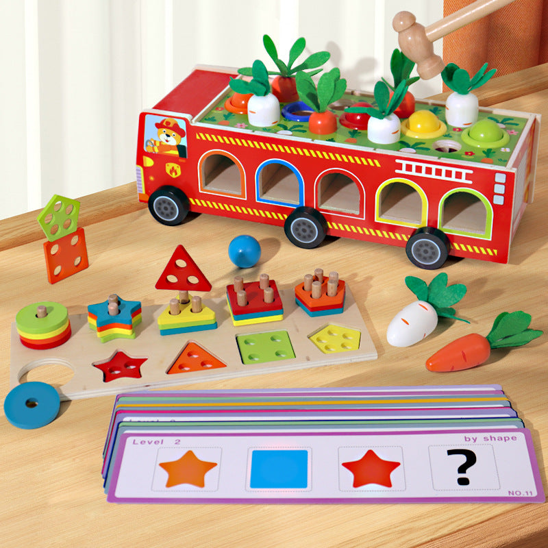 Children's early education puzzle multifunctional four in one knock ball, pull radish, cover column, fire truck, Montessori toy