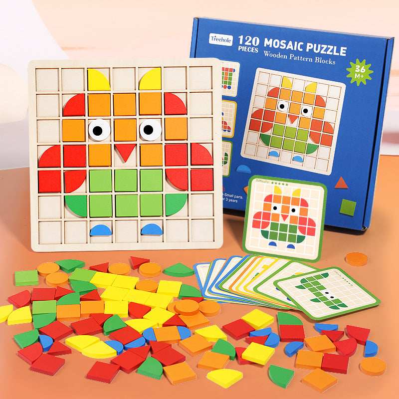 Wooden children's mosaic 3D building blocks, three-dimensional puzzle, children's color cognition, early education and puzzle game