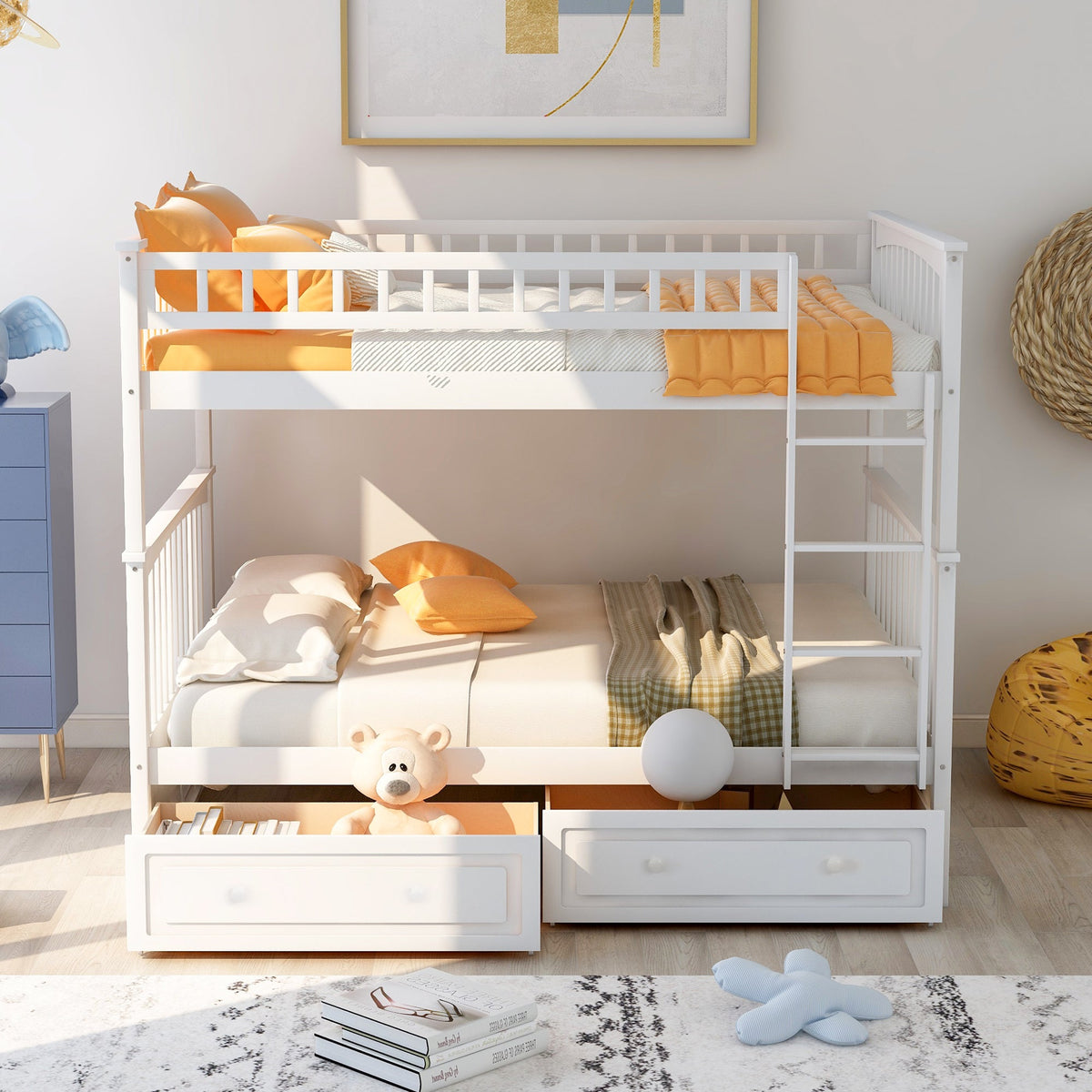 Full over Full Bunk Bed with Drawers  Convertible Beds  White