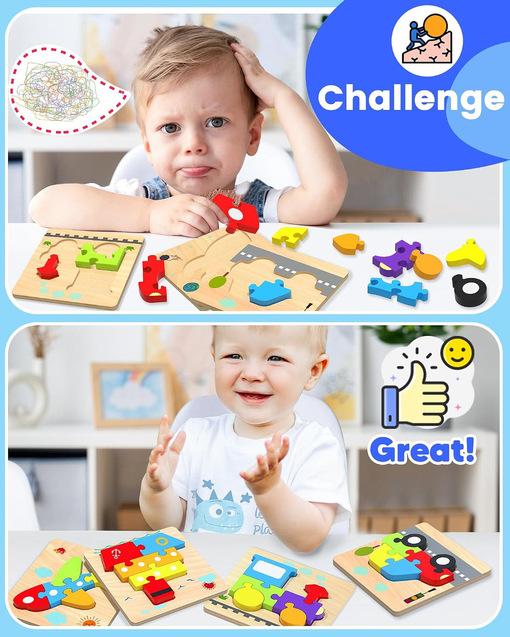 Little Wheels Puzzle Adventure, 6 Pack Wooden Vehicle Puzzles for Toddlers Ages 1+