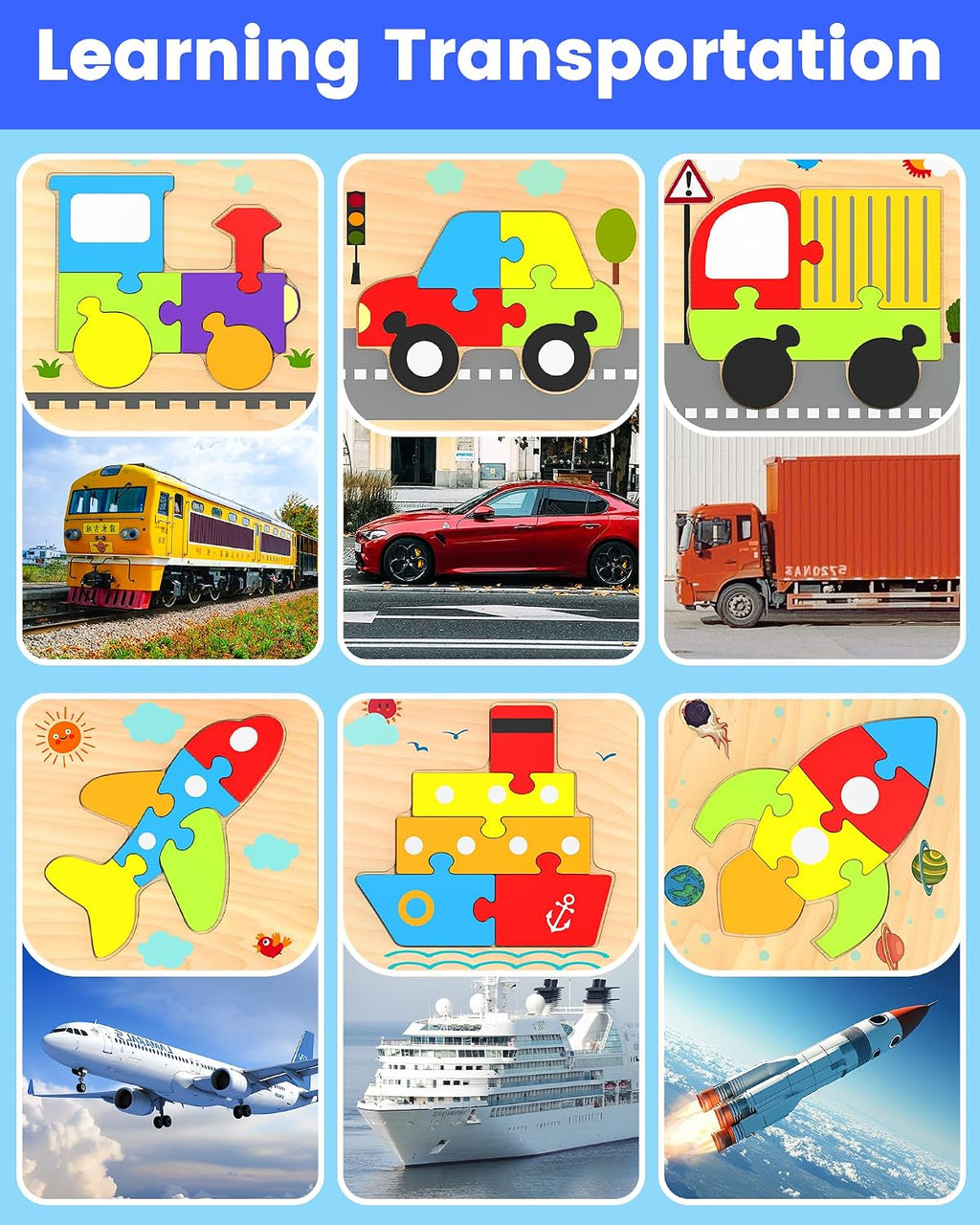 Little Wheels Puzzle Adventure, 6 Pack Wooden Vehicle Puzzles for Toddlers Ages 1+