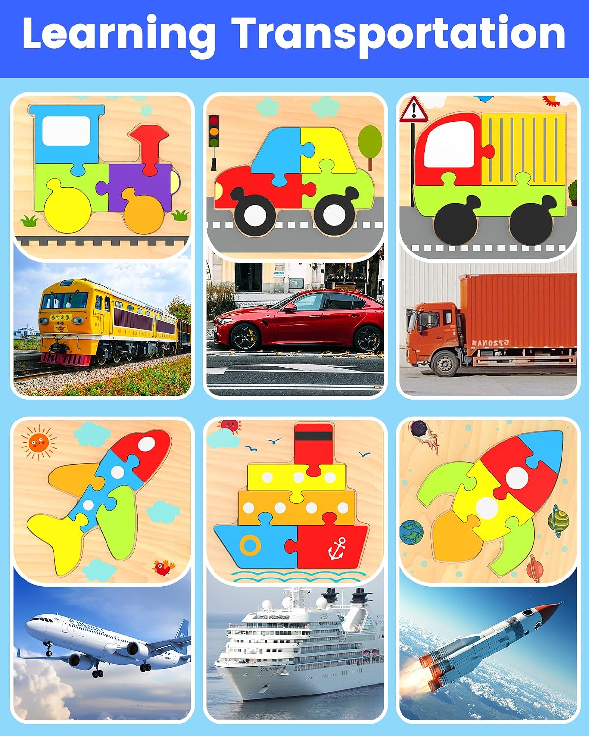 Little Wheels Puzzle Adventure, 6 Pack Wooden Vehicle Puzzles for Toddlers Ages 1+
