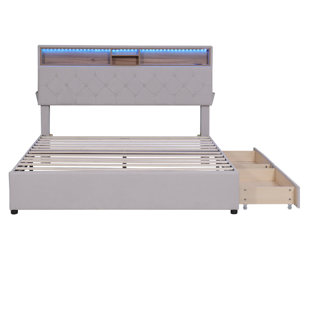 Queen Size Upholstered Platform Bed with Storage Headboard  LED  USB Charging and 2 Drawers  Beige
