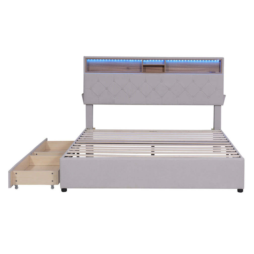 Queen Size Upholstered Platform Bed with Storage Headboard  LED  USB Charging and 2 Drawers  Beige