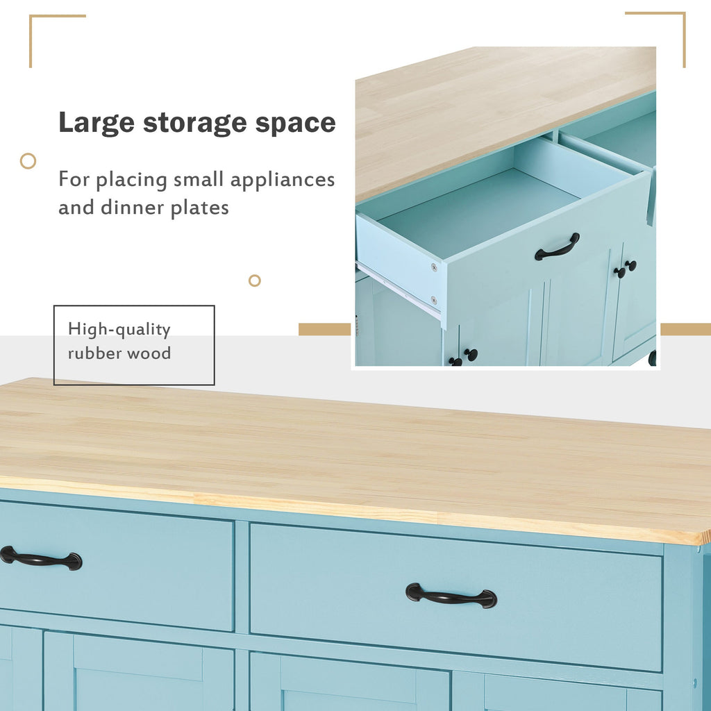 Kitchen Island Cart with 4 Door Cabinet and Two Drawers and 2 Locking Wheels - Solid Wood Top (Mint Green)