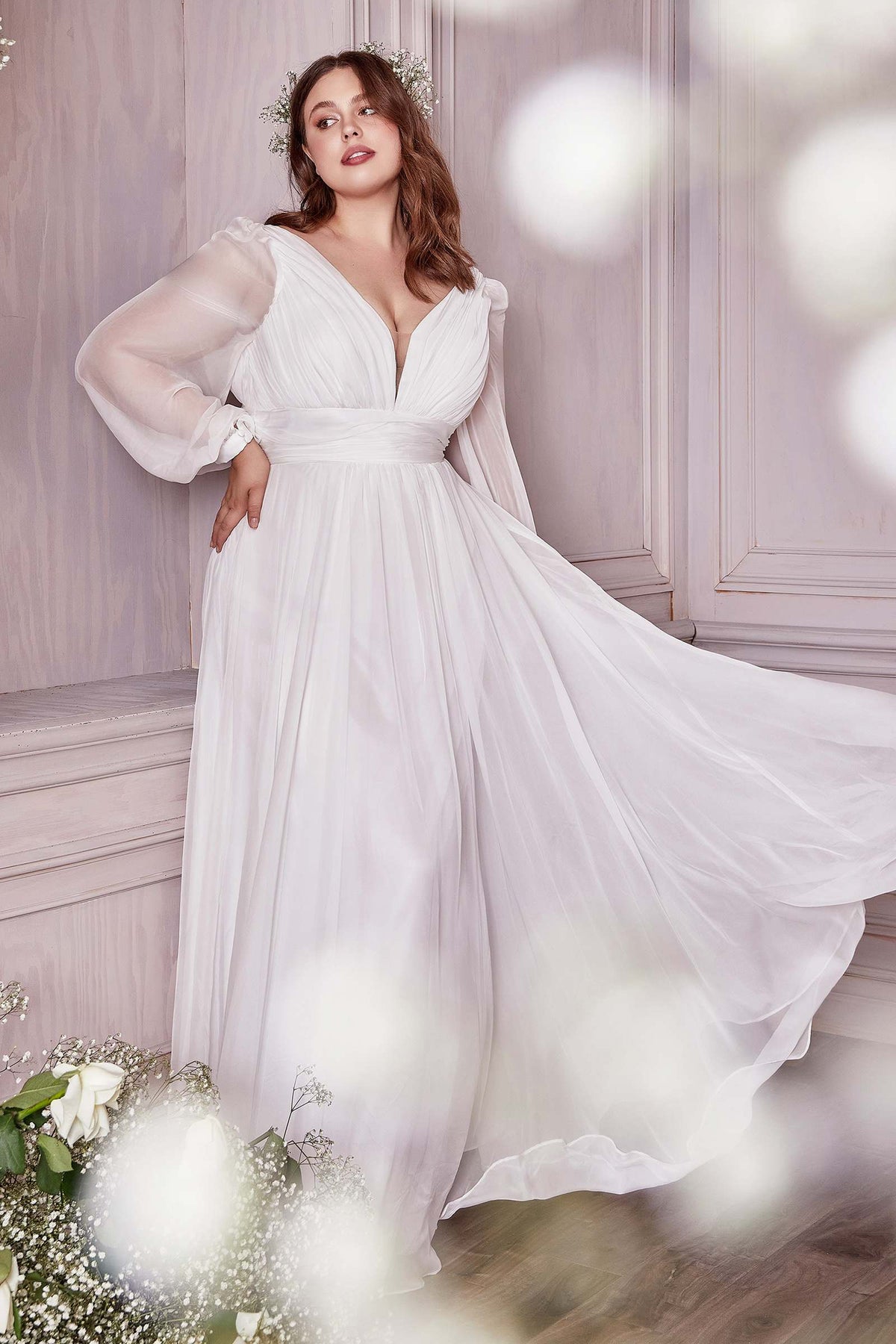 Cinderella Divine CD0192W Long Sleeve A-Line Chiffon Dress