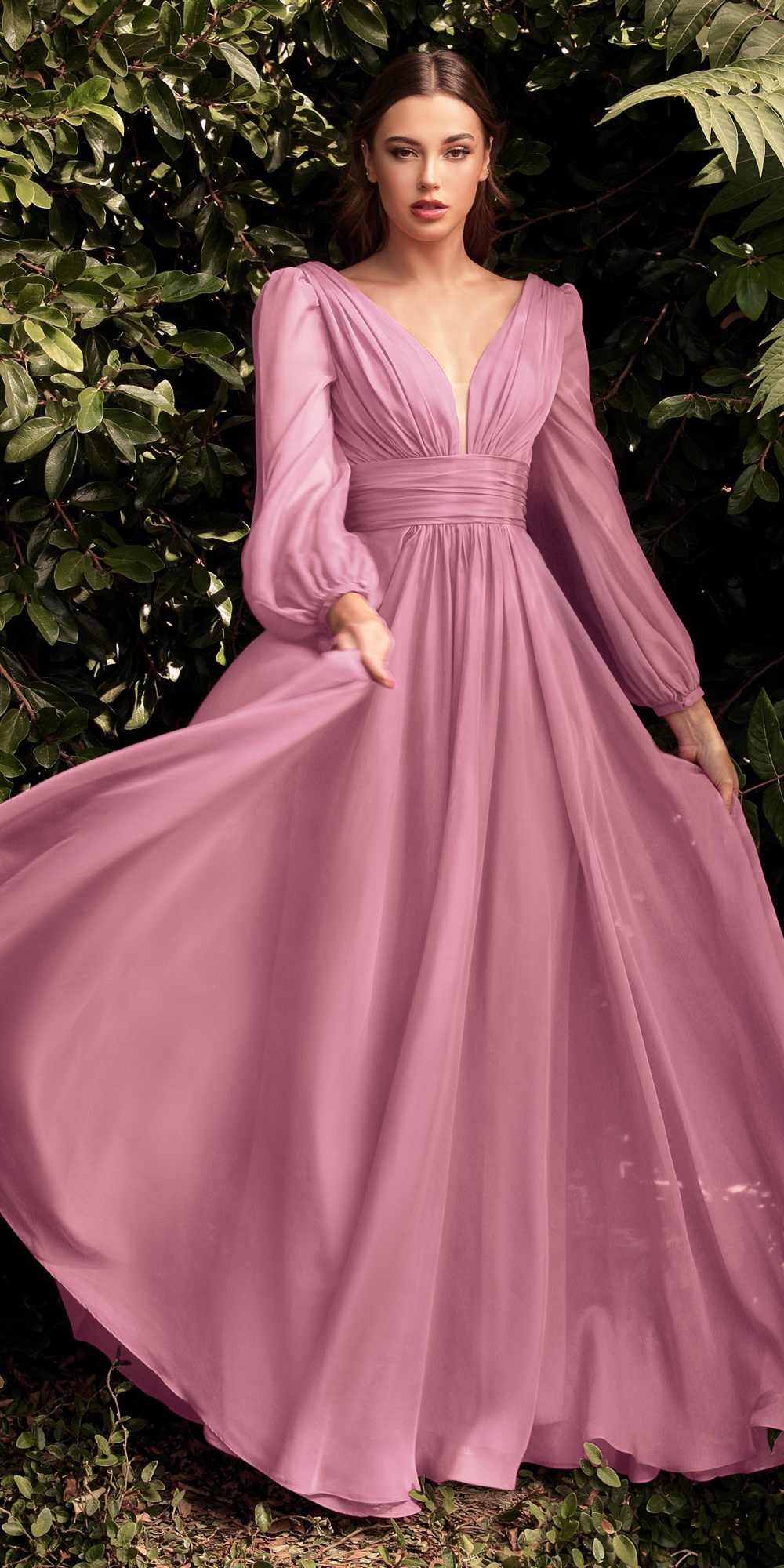 Cinderella Divine CD0192 Long Sleeve A-Line Chiffon Dress