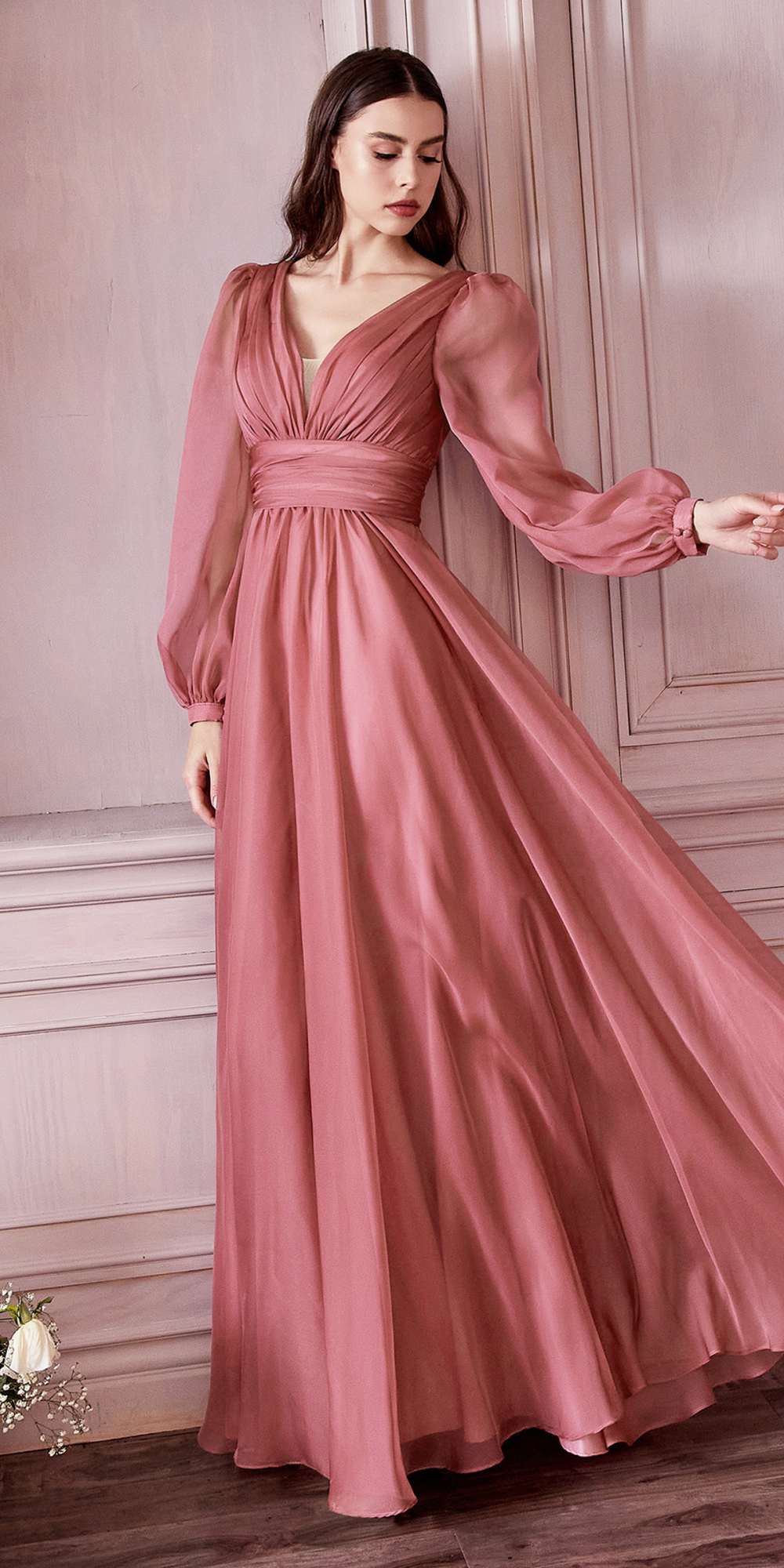 Cinderella Divine CD0192 Long Sleeve A-Line Chiffon Dress
