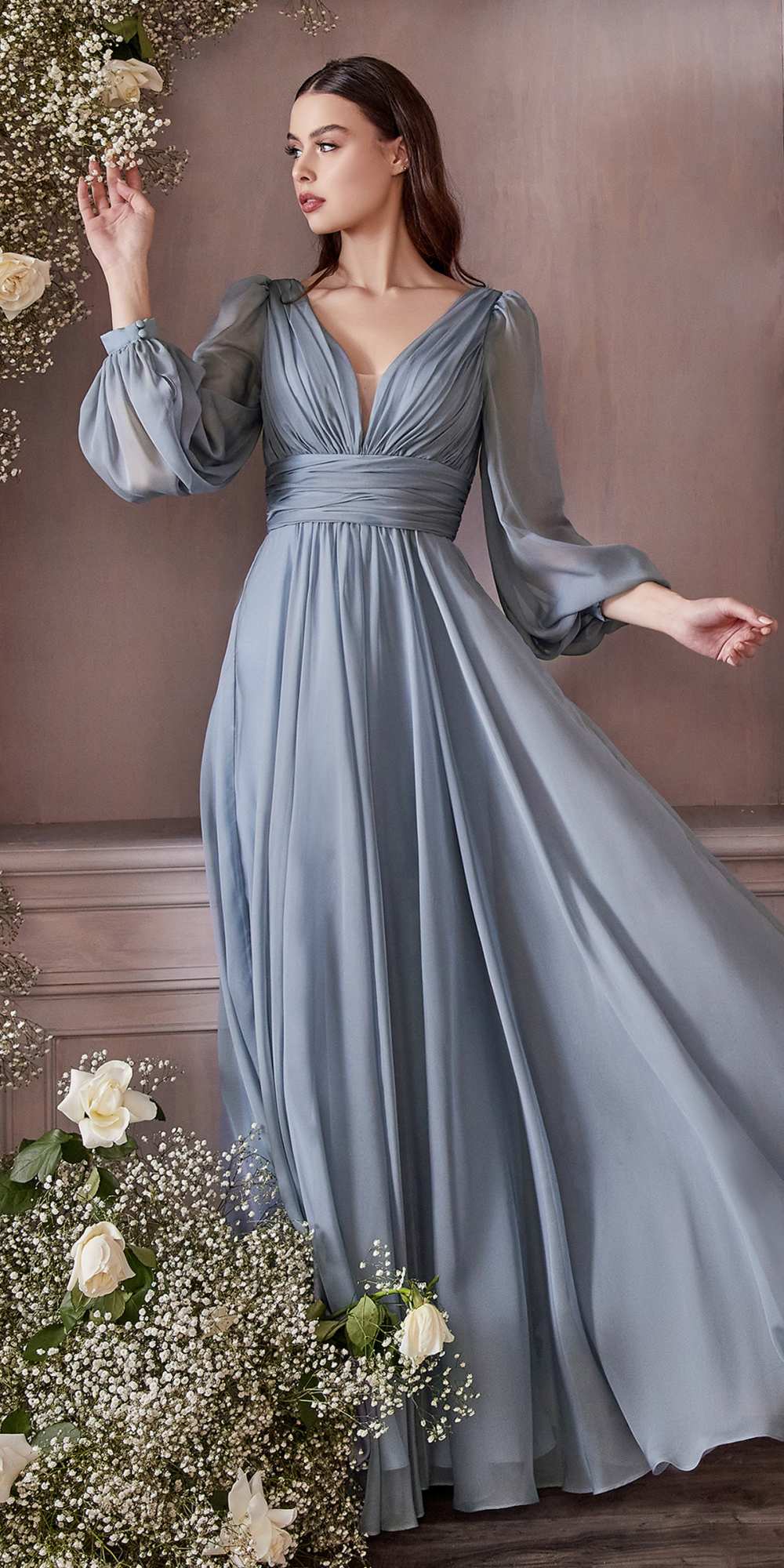 Cinderella Divine CD0192 Long Sleeve A-Line Chiffon Dress