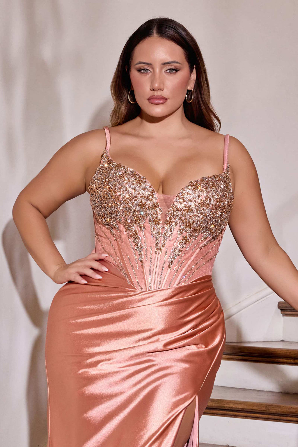Ladivine CD729C Removable Off Shoulder Stretch Satin Plus Size Prom Gown
