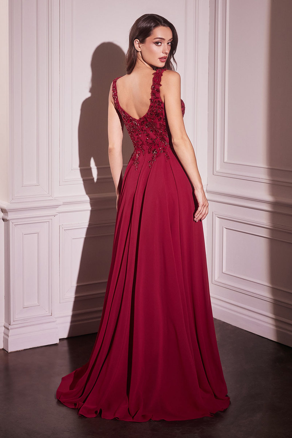 Ladivine CDS503 Dress Chiffon A-Line Beaded Lace Bodice Removable Cape