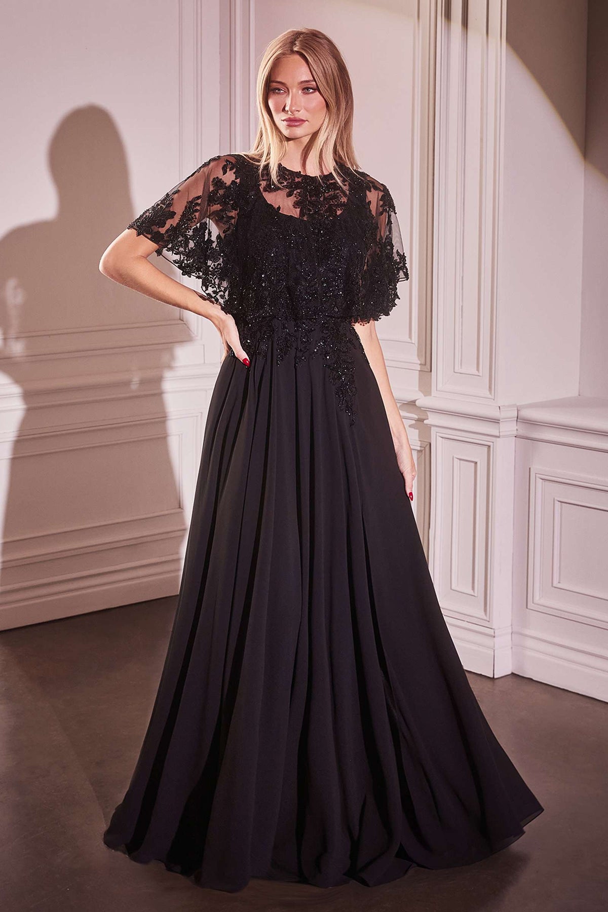 Ladivine CDS503 Dress Chiffon A-Line Beaded Lace Bodice Removable Cape
