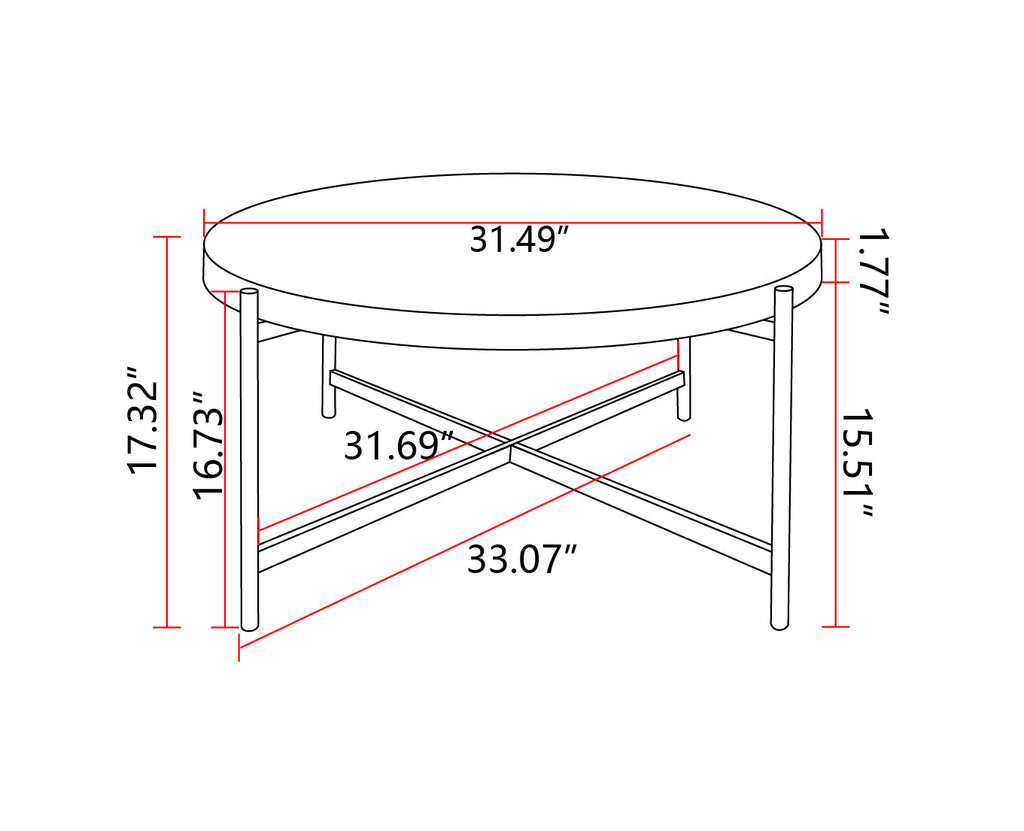 33"Modern Thread Design Round Coffee Table MDF Table Top with Cross Legs Metal Base