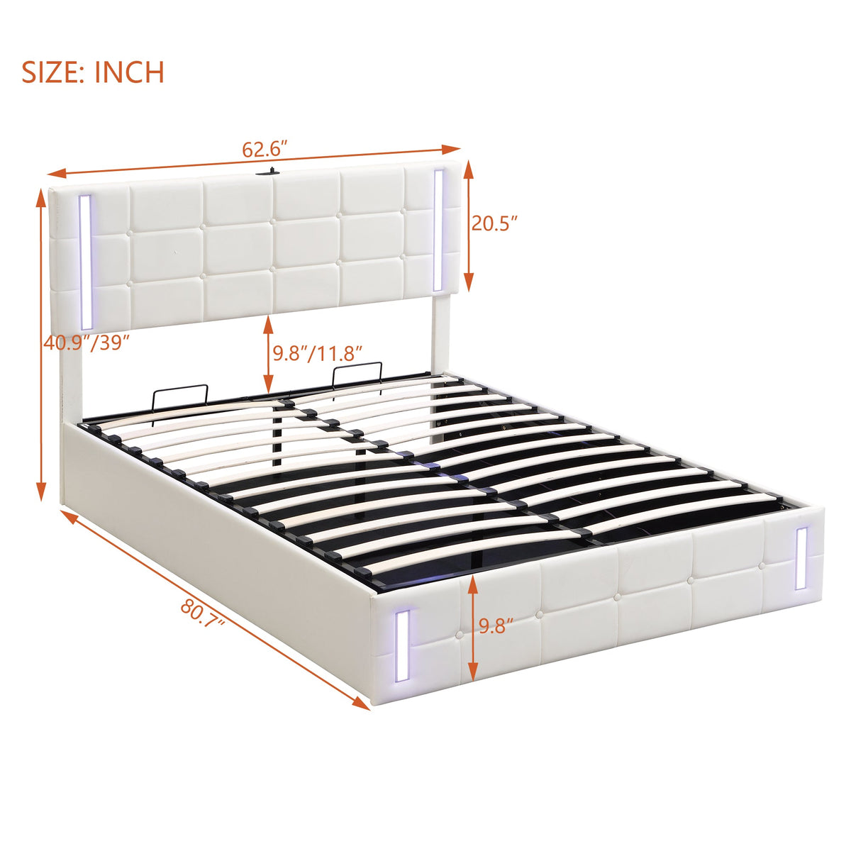 Queen Size Upholstered Bed with LED Lights,Hydraulic Storage System and USB Charging Station,White