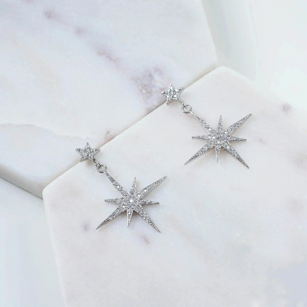 Petite Star Burst Drop Earrings | Silver Celestial Jewelry - Femstylo