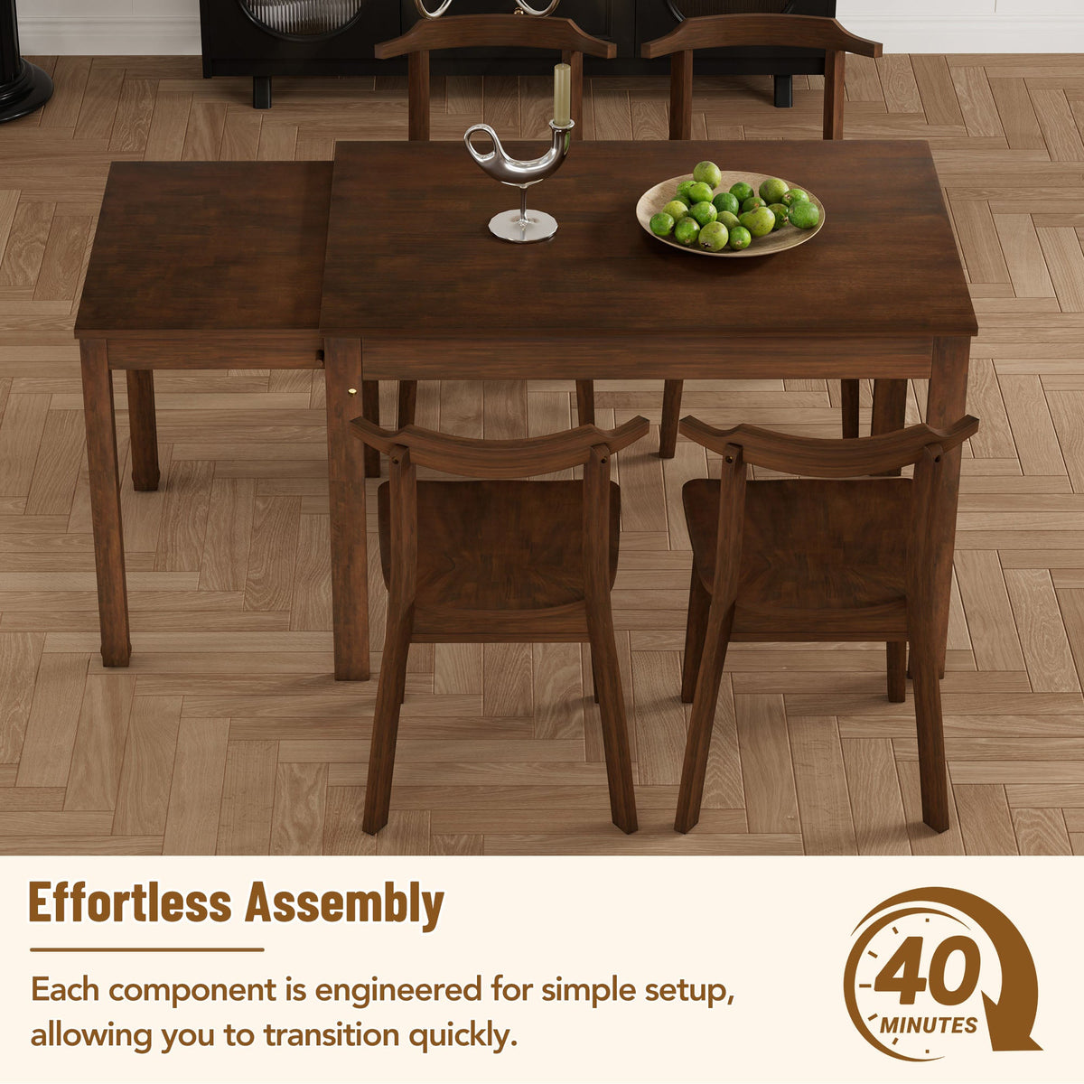 TOPMAX 65 "5-piece set with wheels and expandable dining table set 17.7" pull-out side table and small dining chair Brown