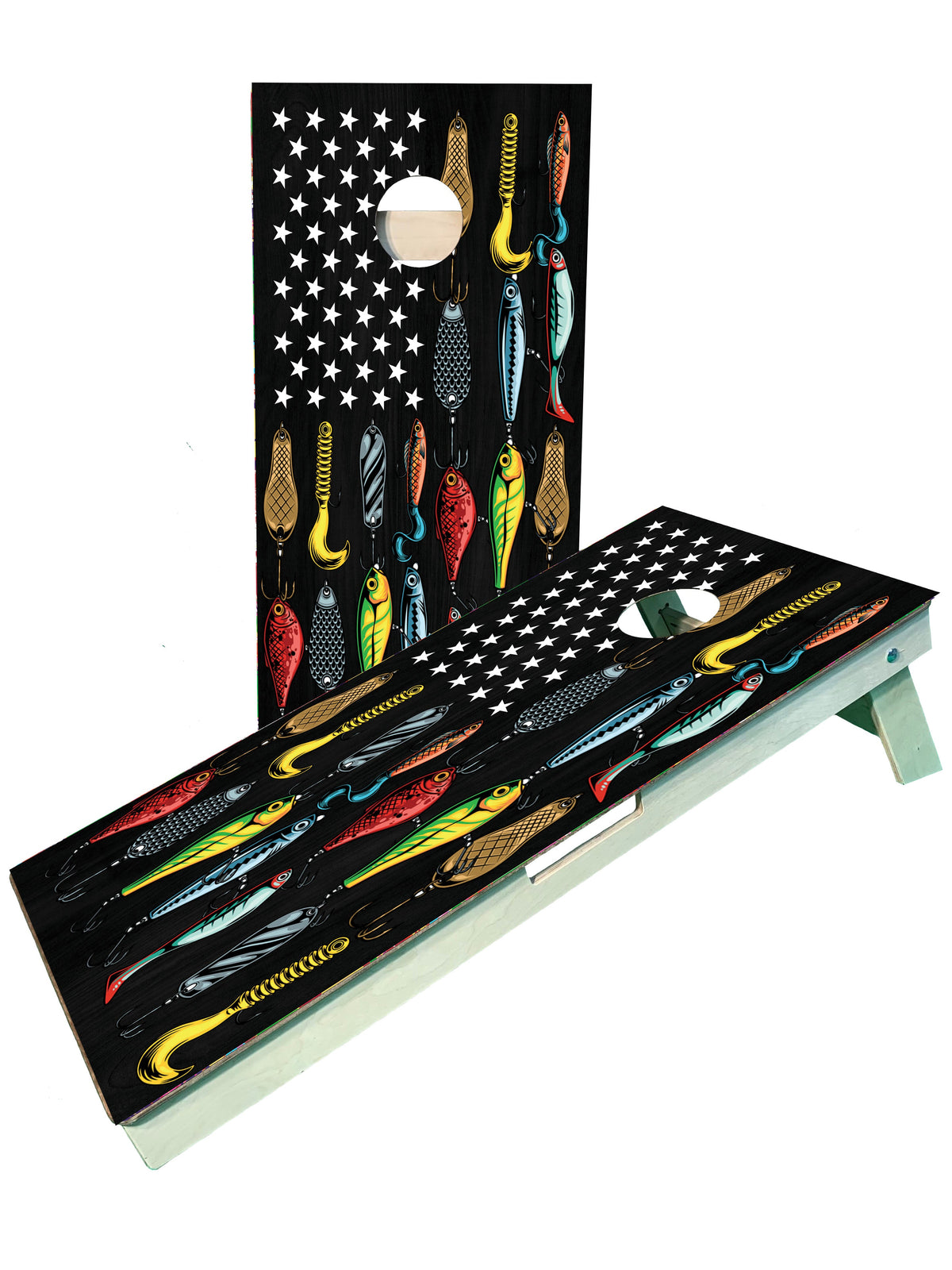 Fishing Lure American Flag Cornhole Boards