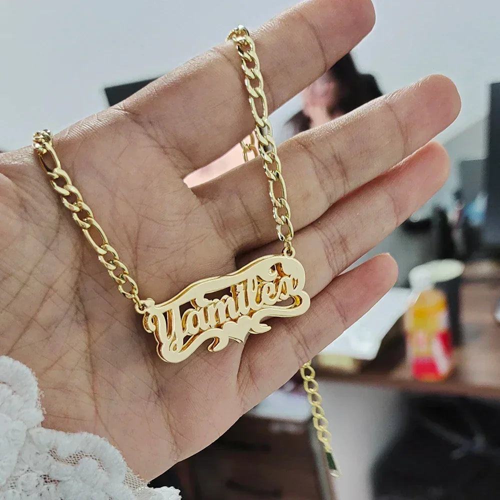 Custom Name Necklace - 3D Engraved Stainless Steel - Heart Figaro Chain