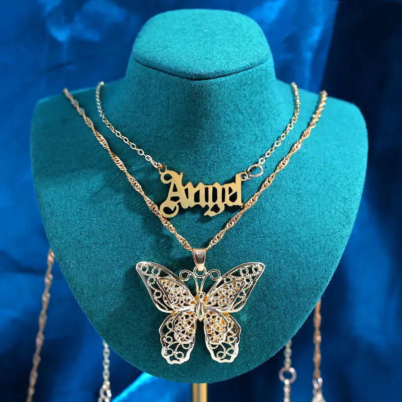 New Multi Layer Butterfly Dragon Charms Crystal Necklaces For Women Punk Golden Angel Letter Clavicle Chain Hiphop Gifts Jewelry
