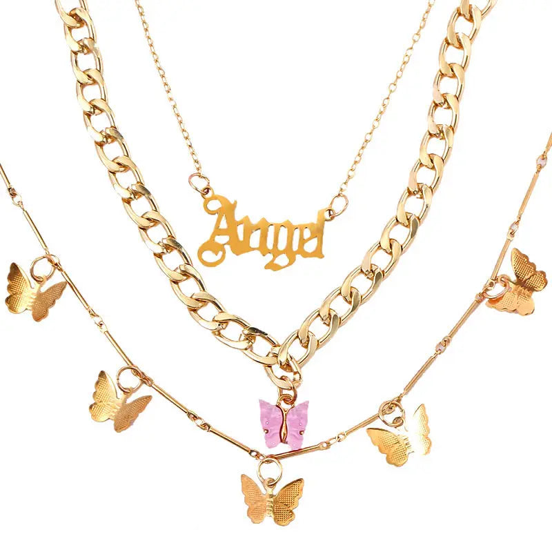 New Multi Layer Butterfly Dragon Charms Crystal Necklaces For Women Punk Golden Angel Letter Clavicle Chain Hiphop Gifts Jewelry