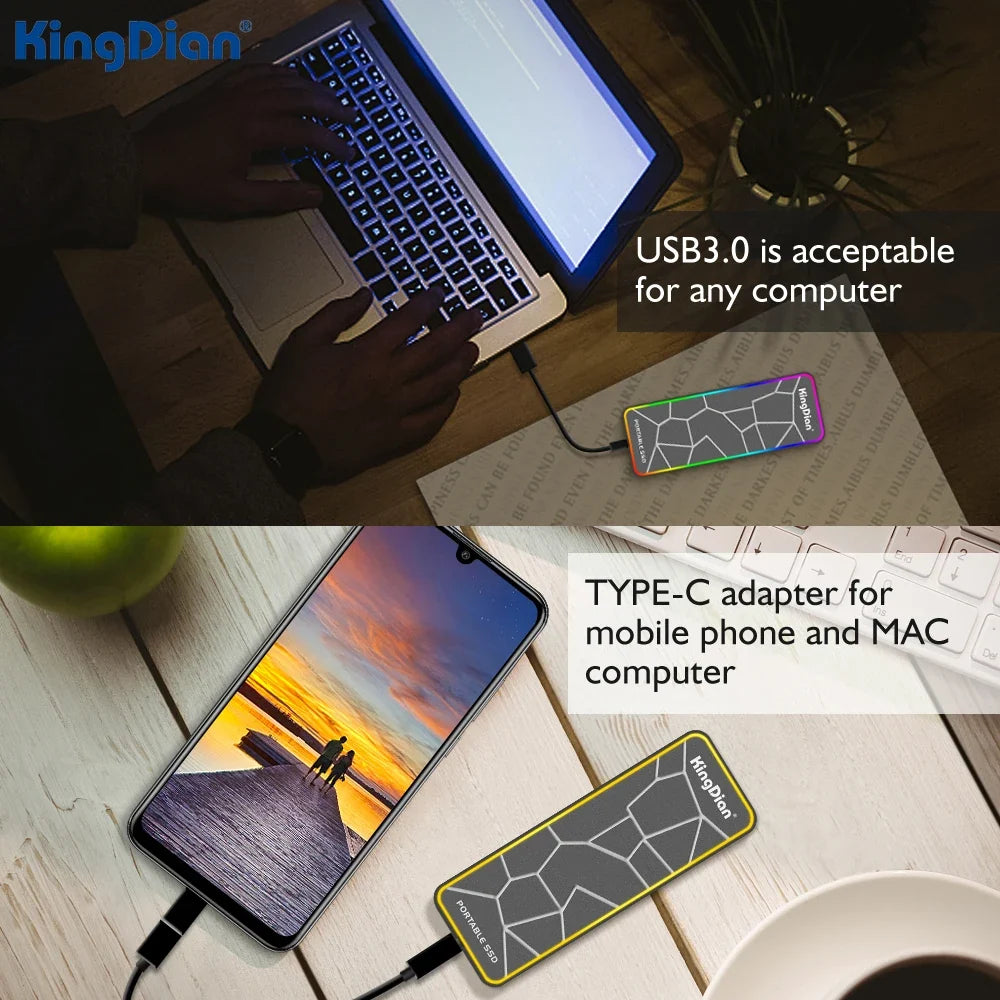KingDian External SSD 120gb 250gb 500gb M,2 ssd 2280 USB 3.0 External Solid State Drive Lighting For Laptop Phone