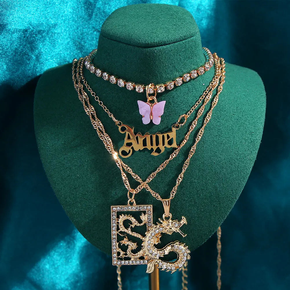 New Multi Layer Butterfly Dragon Charms Crystal Necklaces For Women Punk Golden Angel Letter Clavicle Chain Hiphop Gifts Jewelry