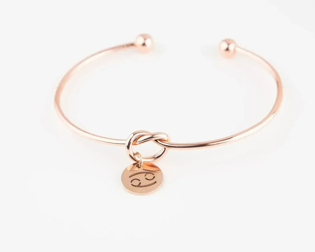 Dainty Knot Bracelet, Rose Gold Plated Wire Knot Bangle with Zodiac