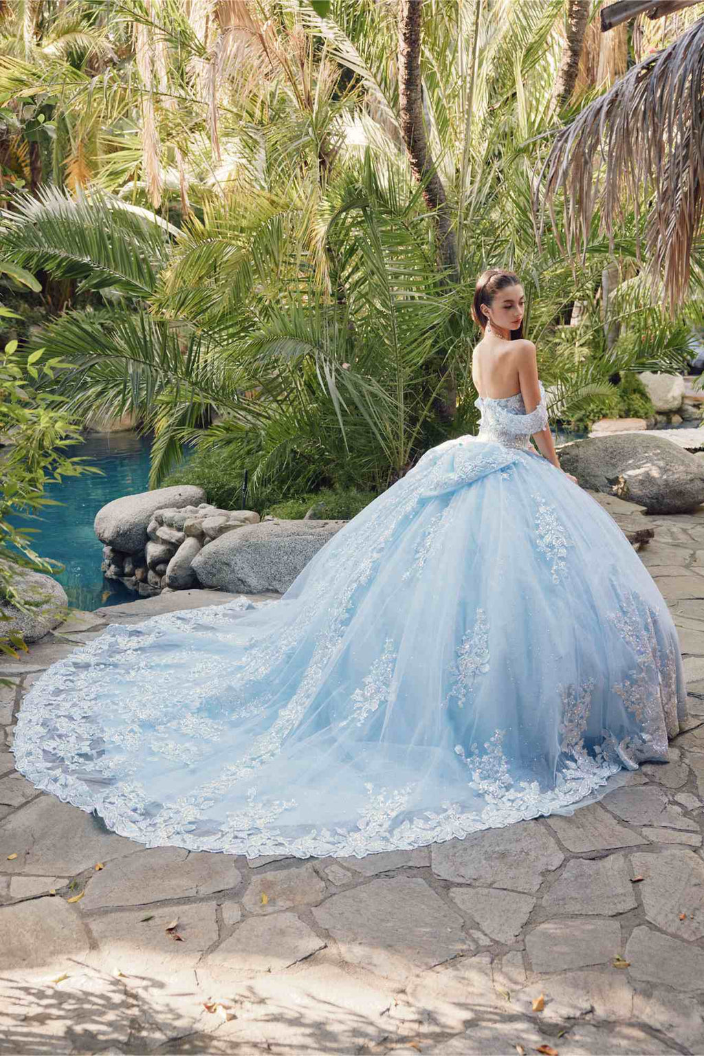 Juliet JT1458J Off the Shoulder Draped Sleeve Cathedral Train Quince Dress