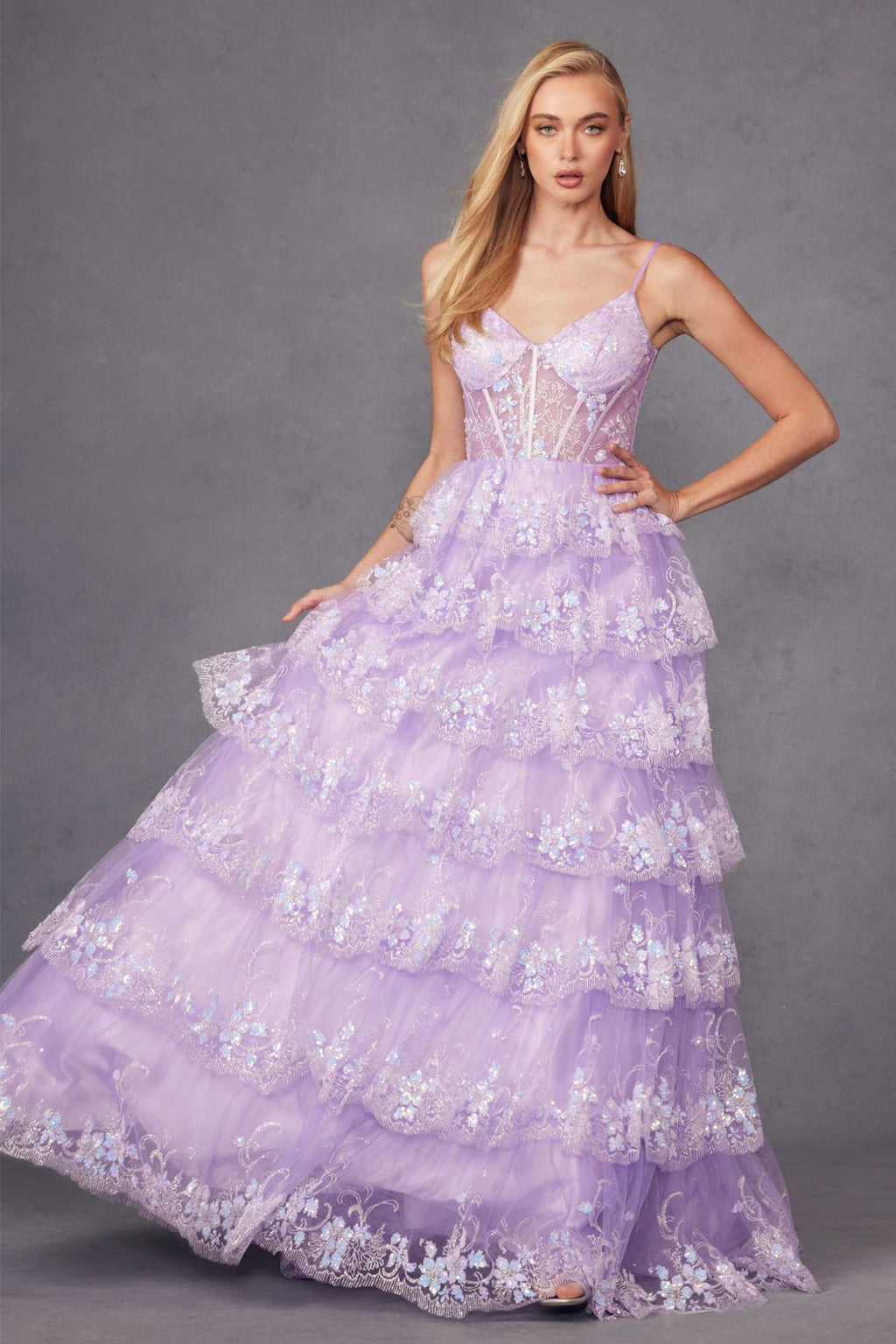 Juliet JT2454K Long Boned Bodice Tiered Layered Sequin Detail A-Line Gown