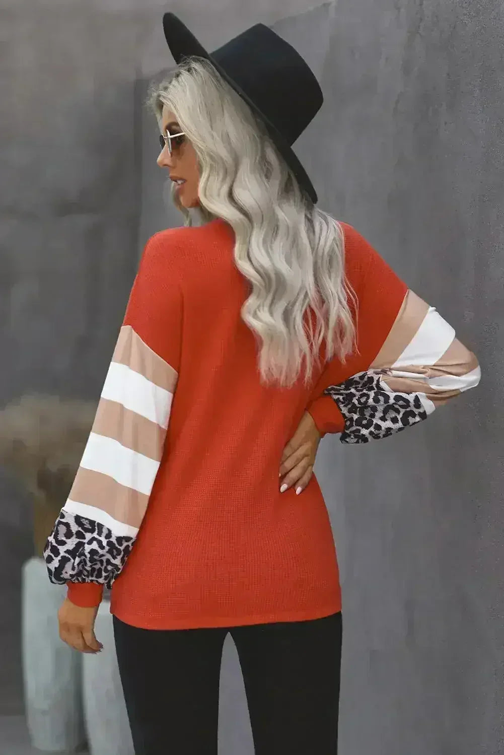 Red V Neck Lantern Sleeve Leopard Stripe Splice Long Sleeve Top