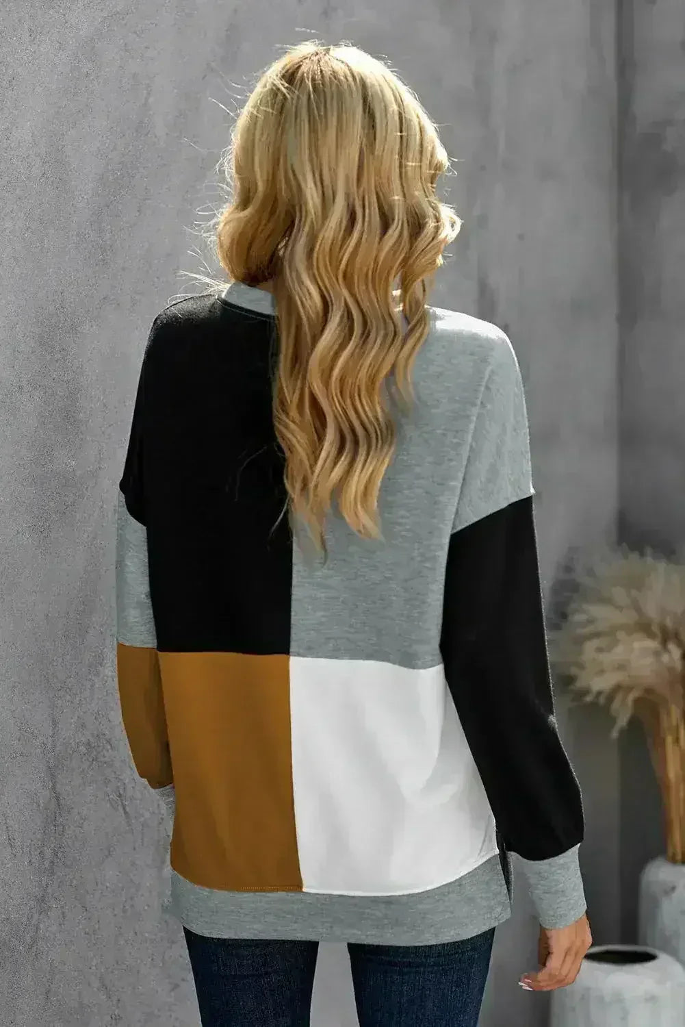Women's Gray Color Block Round Neck Long Sleeves Pullover Sweatshirt