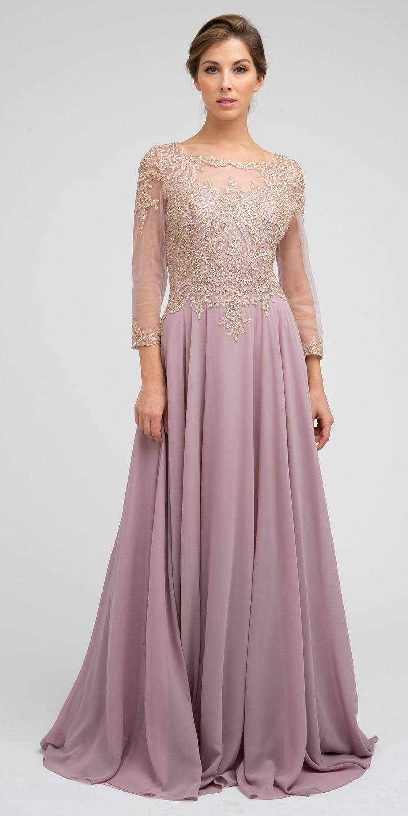 Juliet M12 Quarter Sleeved Embroidered Long A-Line Chiffon Dress