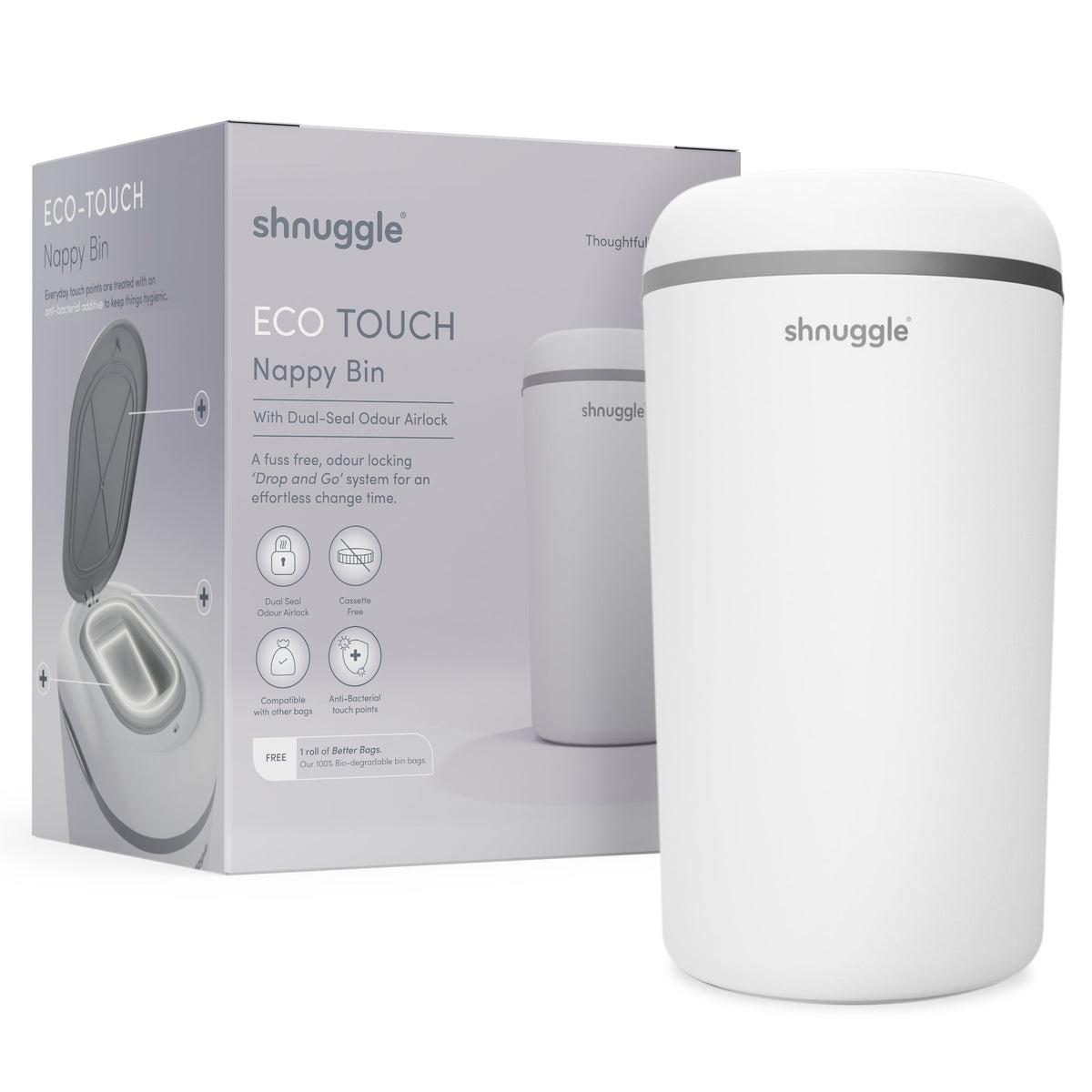 Shnuggle Eco-Touch Nappy Bin Diaper Pail + 30 Better Bag Liners