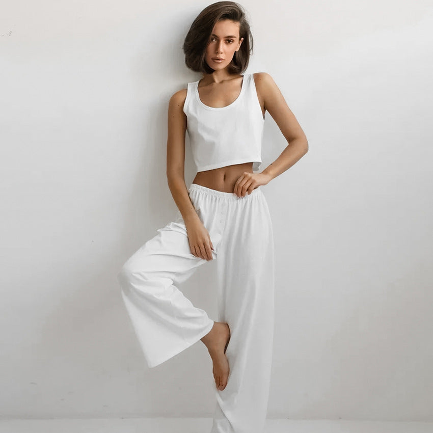 Spring Summer Home Wear Sleeveless Vest Pants Two Piece Set Knitted Emerized Pajamas for Women