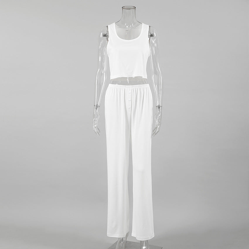 Spring Summer Home Wear Sleeveless Vest Pants Two Piece Set Knitted Emerized Pajamas for Women