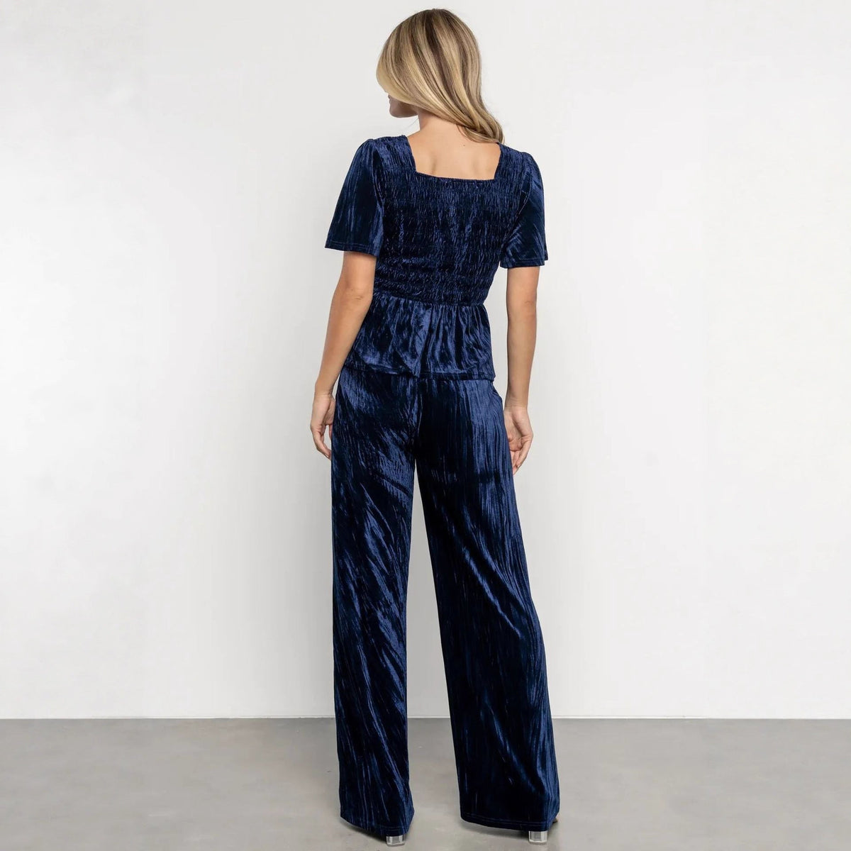 Velvet Women Solid Color Pleated Slim Casual Short Sleeved T shirt Pants Wide Leg Two Piece Set