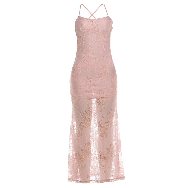 Summer Women Clothing Slim Fit Sexy Sling Low Collar Mesh Tied Dress