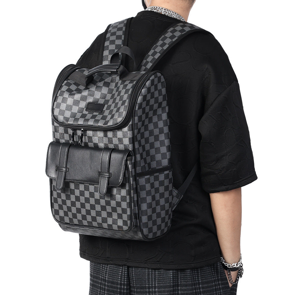 Men's Chessboard Grid High Quality Leather Large Backpacks