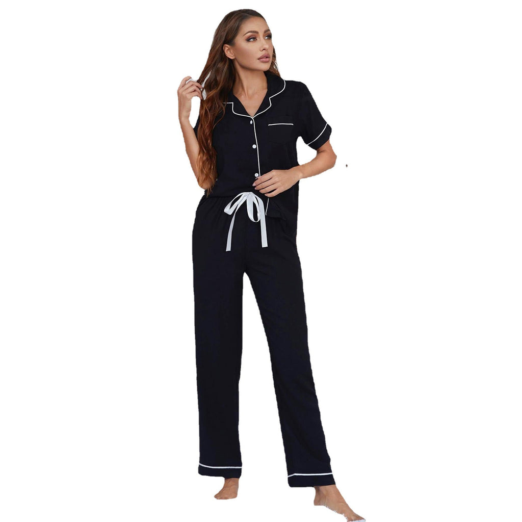Pajamas Solid Color Buttons Short-Sleeved Trousers Women Home Wear Two-Piece Suit