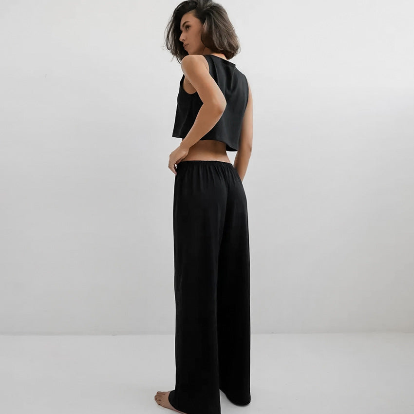 Spring Summer Home Wear Sleeveless Vest Pants Two Piece Set Knitted Emerized Pajamas for Women