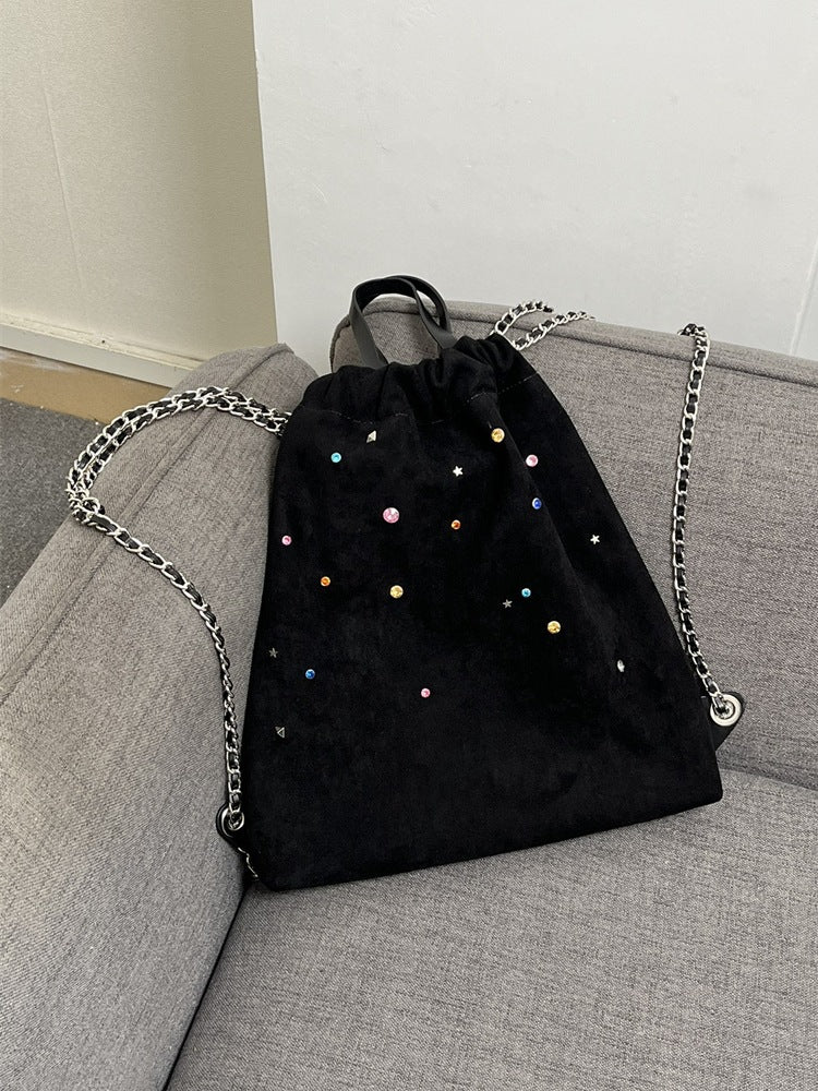 Women's bag matte suede backpack purse, splicing colored gemstone chain backpack, drawstring portable backpack