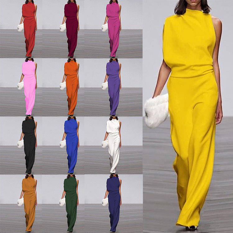 Women Pants Solid Color One Shoulder Pile Collar Jumpsuit Popular Dress Trousers