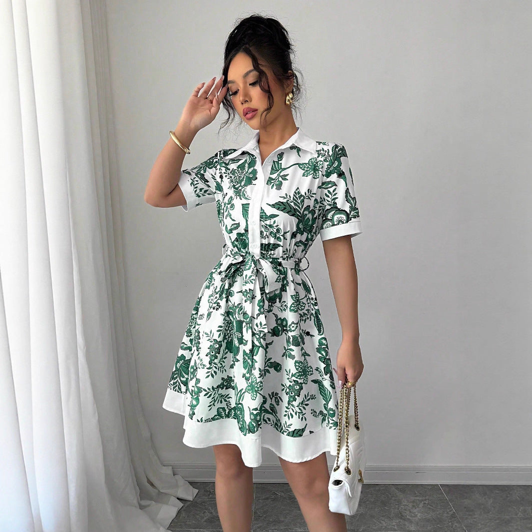 Women Clothing Summer Printing Lace up Waist Single Breasted Dress