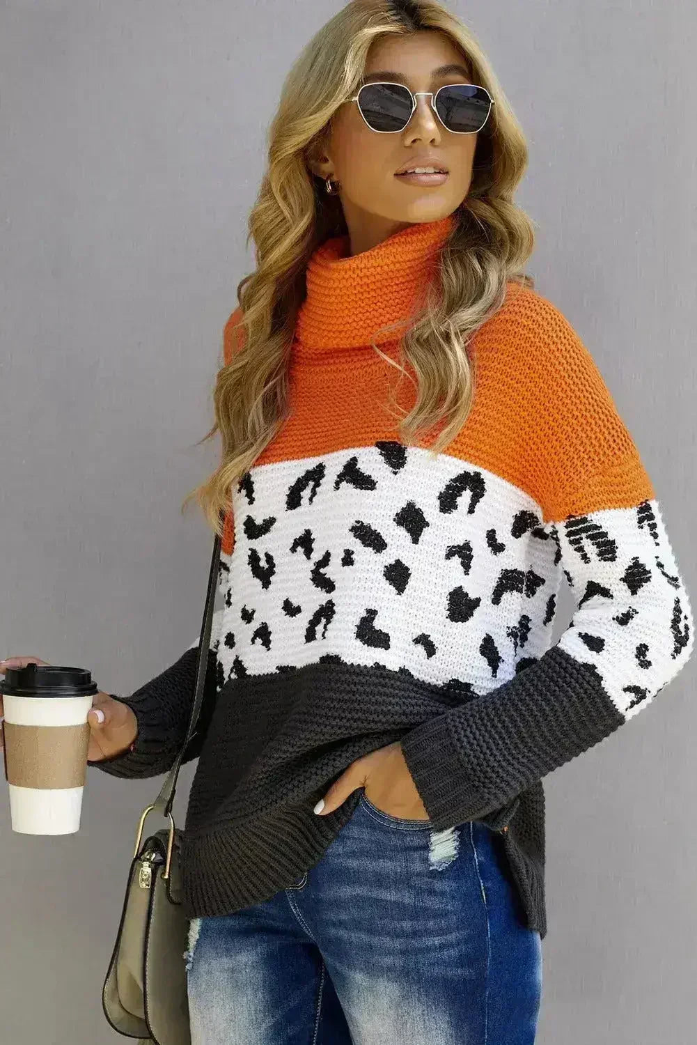 Orange Color Block Turtleneck Splicing Chunky Knit Pullover Sweater