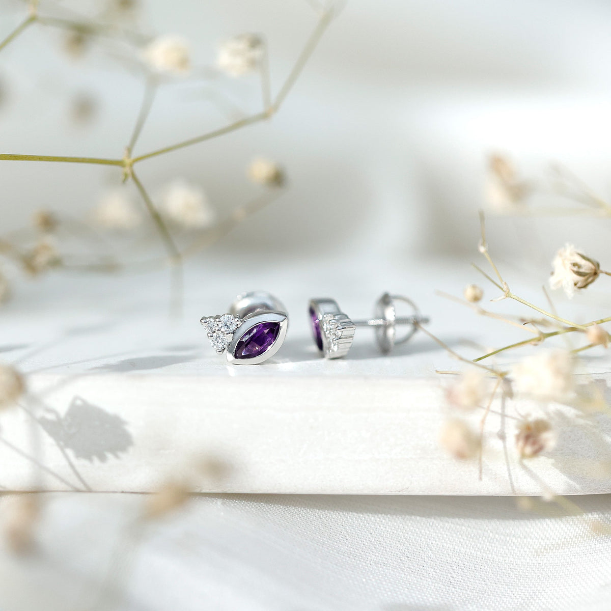Marquise Cut Amethyst Stud Earrings with Diamond in Sterling Silver