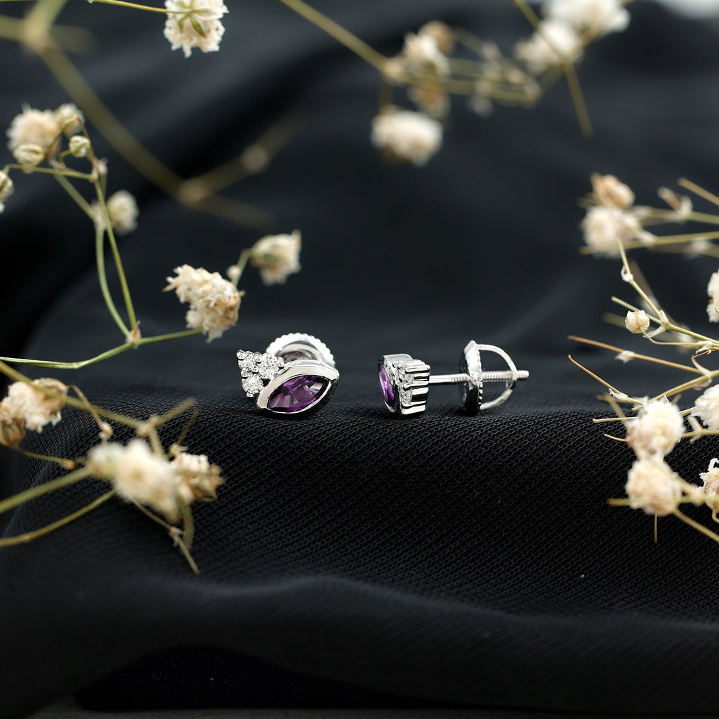 Marquise Cut Amethyst Stud Earrings with Diamond in Sterling Silver