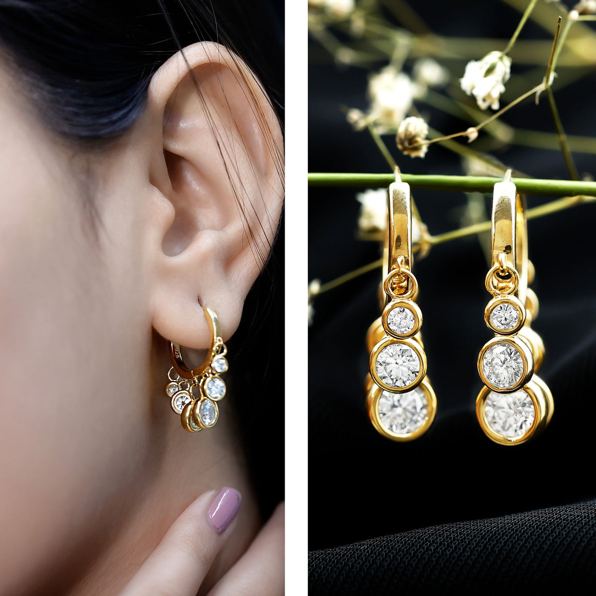 Bezel Set Moissanite Hinged Hoop Drop Earrings in Silver
