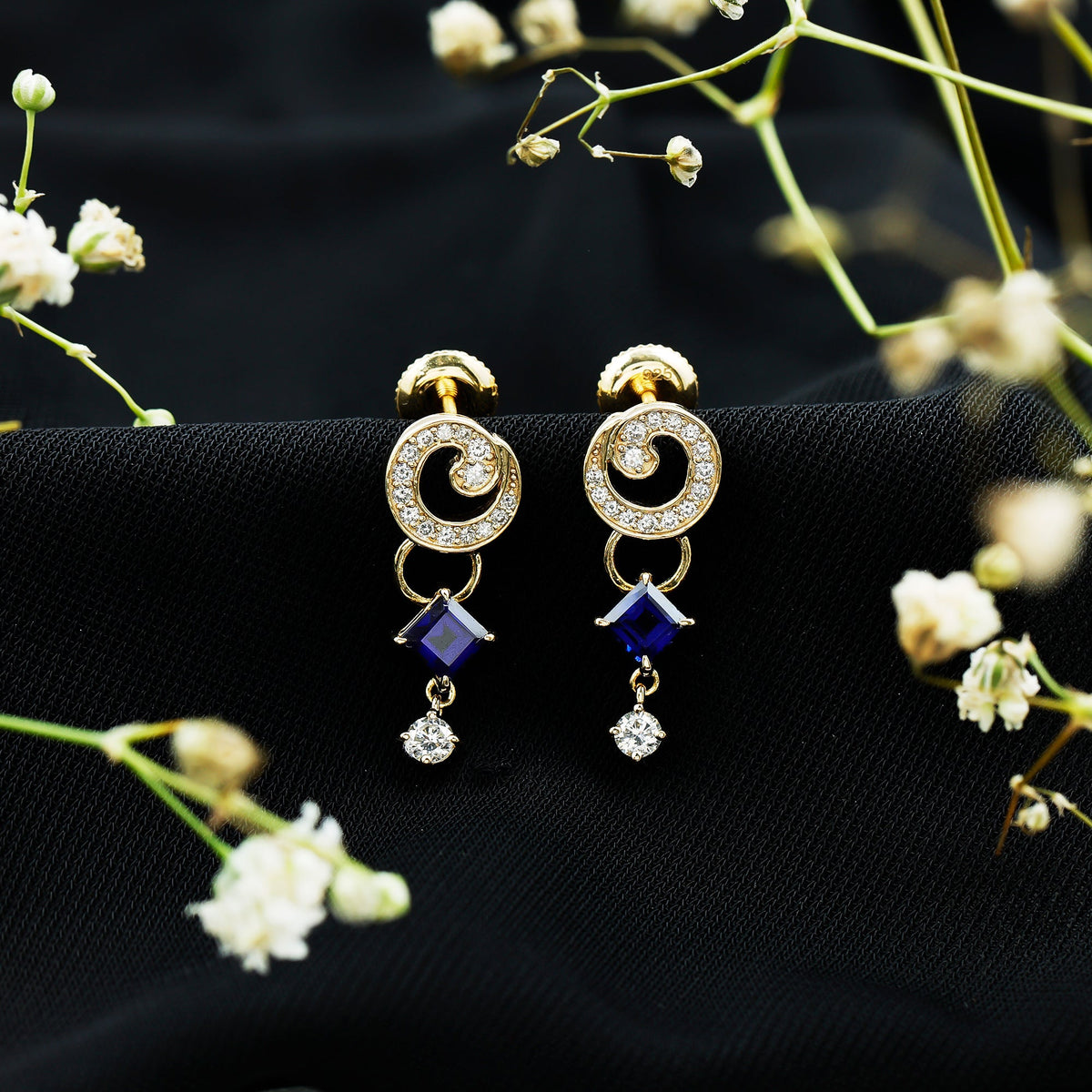 Lab Grown Blue Sapphire and Diamond Wedding Dangle Earrings