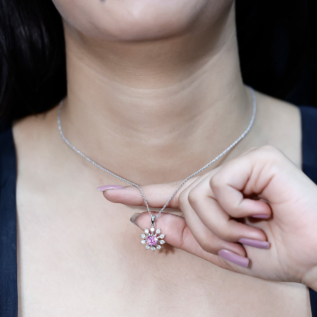 Lab Created Pink Sapphire and Diamond Flower Pendant Necklace